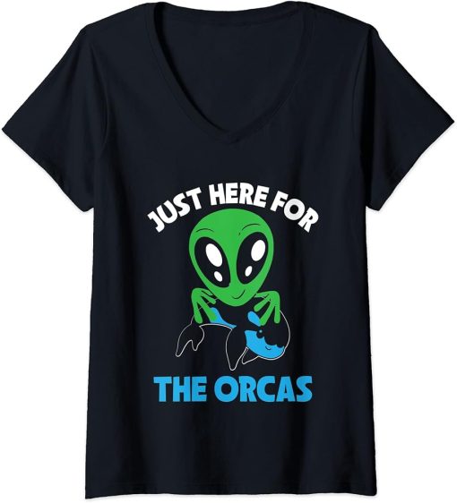 Womens Just Here For The Orcas Ocean Orca Sea Mamal Lover V-Neck T-Shirt