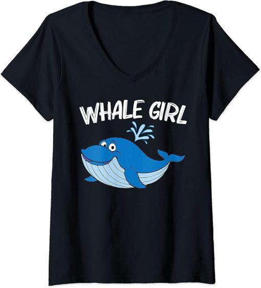 Womens Funny Whale Art For Girls Kid Orca Narwhal Blue Whales V-Neck T-Shirt