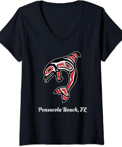 Womens Native American Pensacola Beach FL Red Orca Killer Whale V-Neck T-Shirt