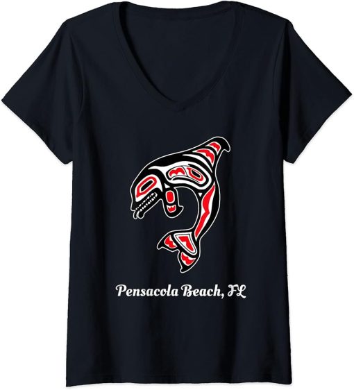 Womens Native American Pensacola Beach FL Red Orca Killer Whale V-Neck T-Shirt