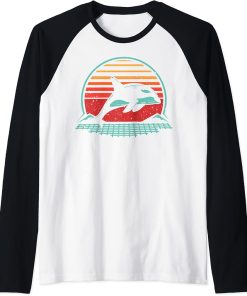 Orca Shirt Retro Vintage 80"s Style Animal Synthwave Raglan Baseball Tee