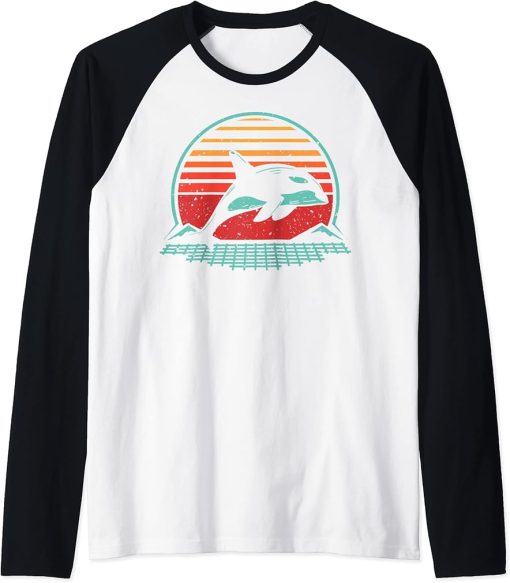 Orca Shirt Retro Vintage 80"s Style Animal Synthwave Raglan Baseball Tee