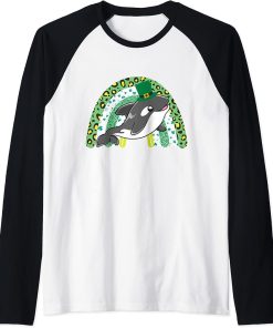 St. Patrick"s Day Orca Green Rainbow Four Leaf Clover Raglan Baseball Tee