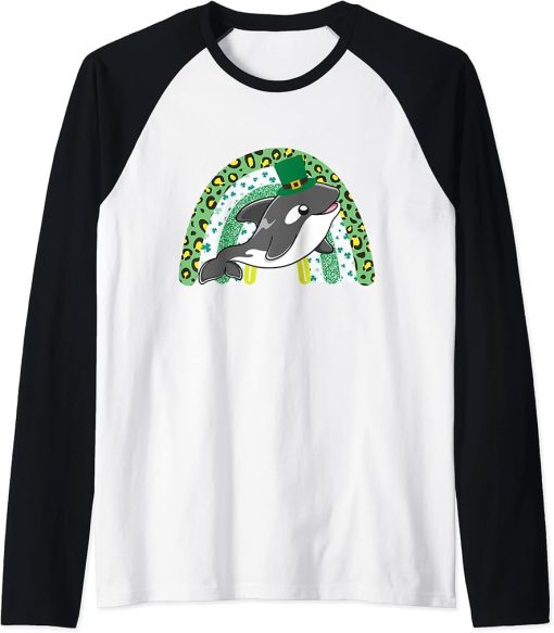 St. Patrick"s Day Orca Green Rainbow Four Leaf Clover Raglan Baseball Tee