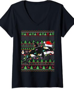 Womens Ugly Xmas Sweater Style Lighting Orca Fish Christmas V-Neck T-Shirt