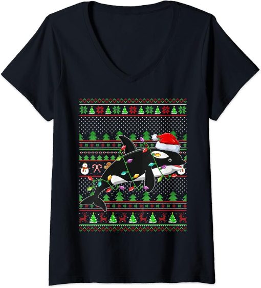 Womens Ugly Xmas Sweater Style Lighting Orca Fish Christmas V-Neck T-Shirt