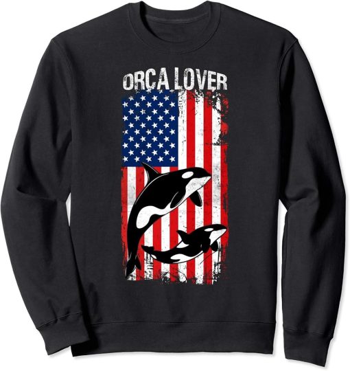 Patriotic USA Flag & Orca Family Shirt, Whale Sea Animal Tee Sweatshirt